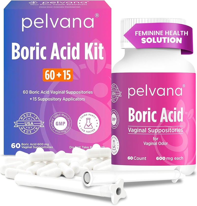 pelvana Boric Acid Suppositories for Women 60 + 15 Applicators, Total of 75 Piece Kit for Vaginal Odor & Freshness - Third-Party Lab Verified & Bottled in The USA - Feminine Health Odor Solution - Image 1